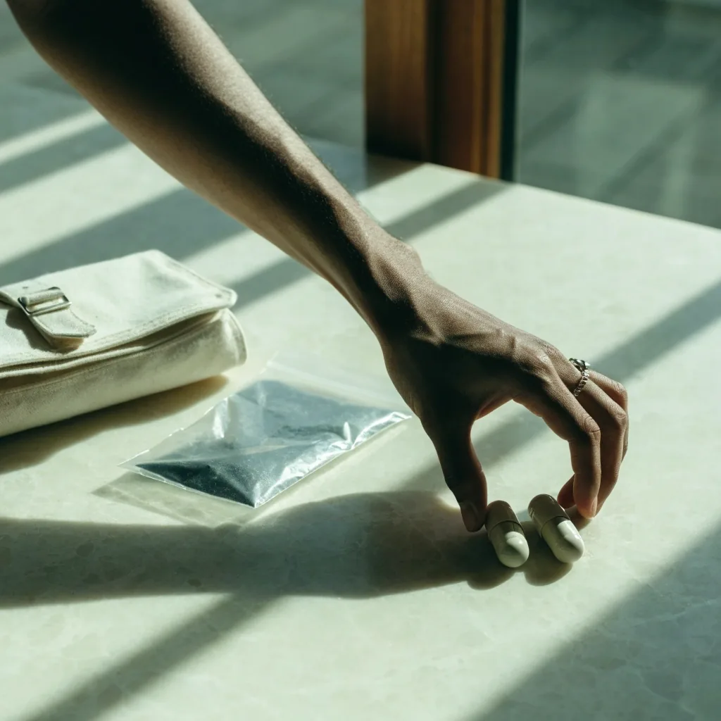 A hand placing two capsules on a pale countertop beside a small travel pouch