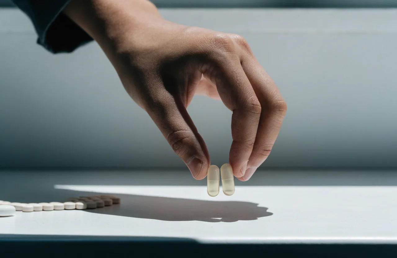 A wrist holding two capsules above a white counter beside loose tablets under hard noon light