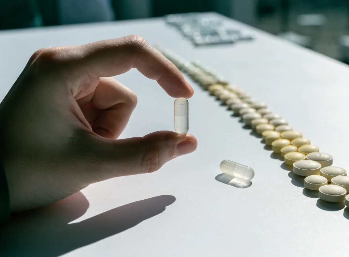 A stainless steel tray of mixed tablet and capsule formats arranged in rows on white paper stock