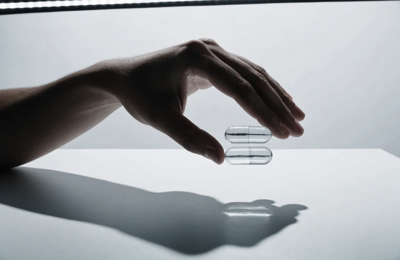 A hand holding two unbranded capsules above a white table with a hard shadow beneath it